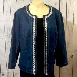 Jeans denim jacket sequins trim around neckline and front no buttons open front